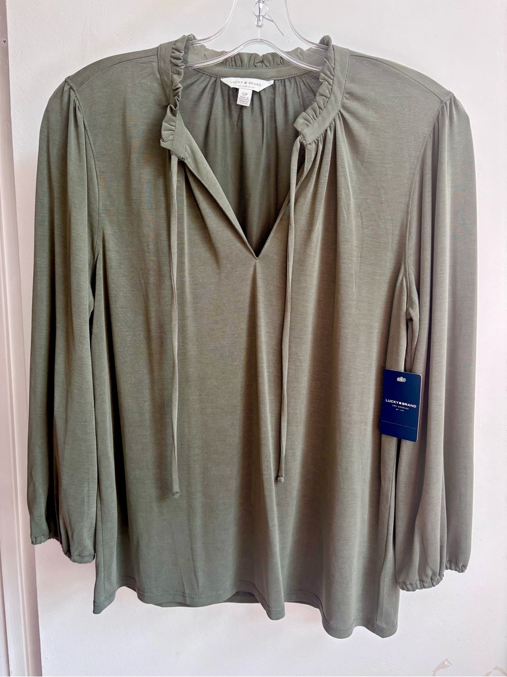 Lucky Brand Olive Green Ruffle Tie-Neck Women's Top